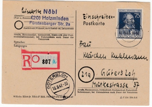 All.Bes./Kontrollrat - 75 Pfg. Stephan, Einschreibekarte Holzminden 1947 n.