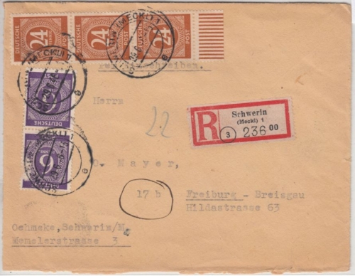 All.Bes./Kontrollrat - 3x24+2x6 Pfg. Ziffer, Einschreibebrief Schwerin 1946 n.