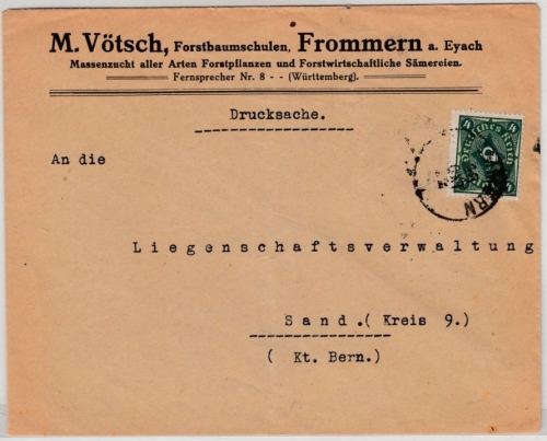 DR-Infla - 4 M. Posthorn, Firmnedrucksache Frommern - Sand 1922