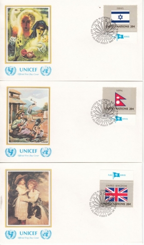 UNO New York - Flaggen 1983, 422/37, einzeln + 4er-Blöcke, 20 Schmuck-FDC