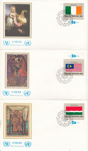 UNO New York - Flaggen 1982, 397/412, einzeln + 4er-Blöcke, 20 Schmuck-FDC