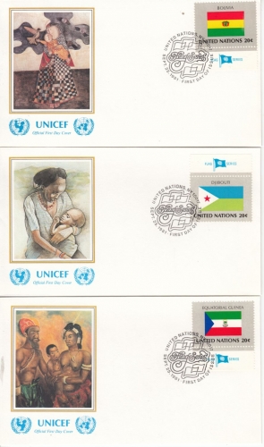 UNO New York - Flaggen 1981, 373/88, einzeln + 4er-Blöcke, 20 Schmuck-FDC