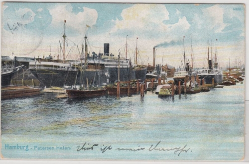 Hamburg - Petersen-Hafen, Farb-AK n. Kronach 1907 (Abs. SS Dortmund HAL)