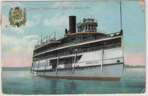 Canada/Bayern - Crystal Beach Ontario, Steamer Americana, Farb-AK, gelaufen 1909