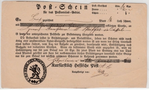 Thurn & Taxis - Hofgeismar 1865, Postschein f. Fahrpostsendung n. Cassel