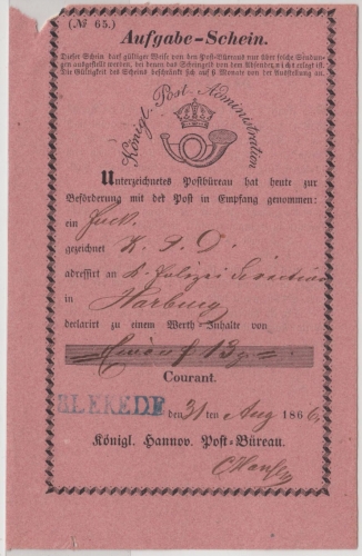 Hannover - Blekede, blauer L1 a. Postschein f. Fahrpostsendung n. Harburg 1866