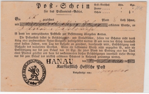 Thurn & Taxis - Hanau, L1 a. Postschein f. Fahrpostsendung n. Karlsruhe 1860
