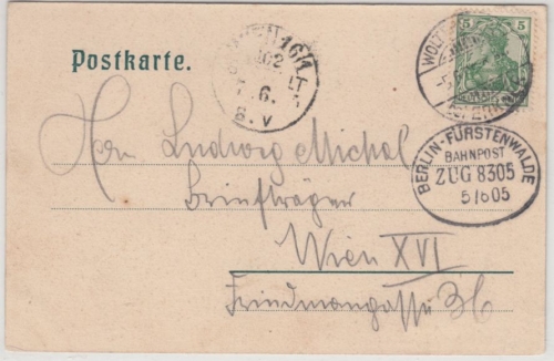 DR - Berlin-Fürstenwalde Bahnpost Zug 8305, Karte v. Woltersodrf 1905 n. Wien