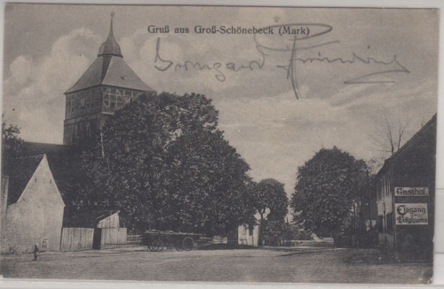 Brandenburg - Groß-Schönebeck (Mark), Kirche + Gasthof, sw-AK, gelaufen 1924