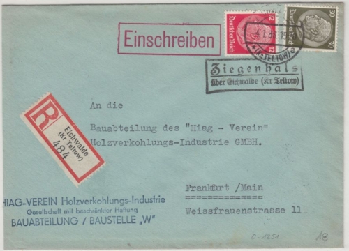 DR - Ziegenhals ü. Eichwalde (Kr. Teltow), Landpost-Ra2 a. Einschreibebrief 1938