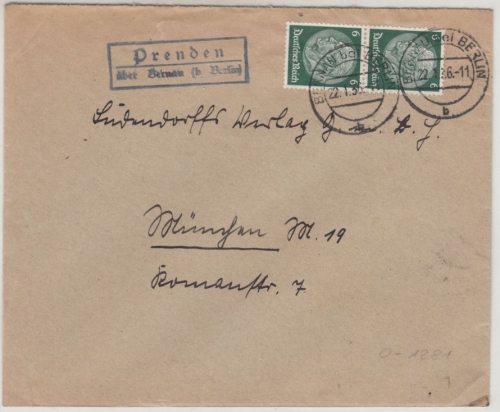 DR - Prenden ü. Bernau (b. Berlin), Landpost-Ra2 a. Brief n. München 1936