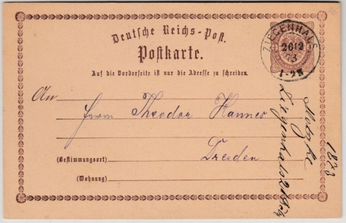 DR - Ziegenhals 1873, K1 a. 1/2 Gr. Brustschild-GA-Karte n. Dresden