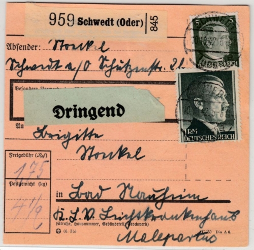 DR - 1 RM AH u.a., Dringend-Paketkarte Schwedt (Oder) - Bad Nauheim 1942
