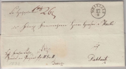 Preussen - Wrietzen (1833), kl. K1 a. Paketbegleitbrief n. Dahlwitz, mit Inhalt