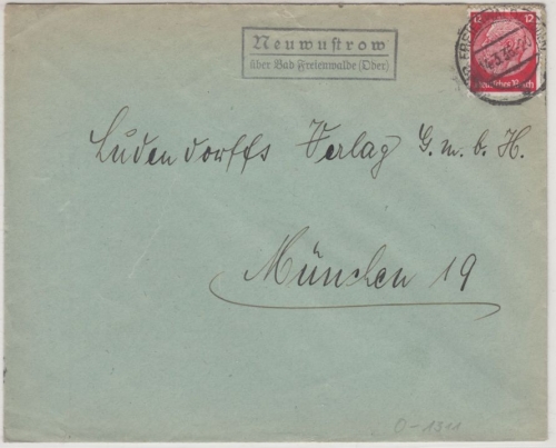 DR - Neuwustrow ü. Bad Freienwalde (Oder), Landpost-Ra2 a. Brief n. München 1936
