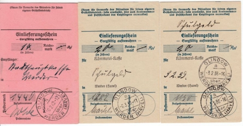DR - Glindow ü. Werder (Havel), Poststelle I, 3 Einlieferungsscheine