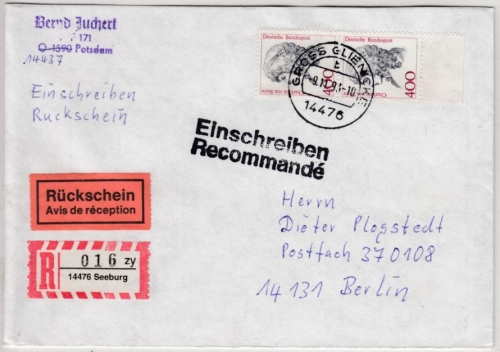 BRD - 2x4 M. Frauen, Einschreibebrief/Rückschein Seeburg - Berlin 1993