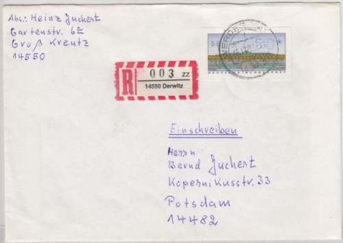 BRD - 450 Pfg. ATM Sanssouci, Einschreibebrief Derwitz/Werder (Havel) 1993 n.