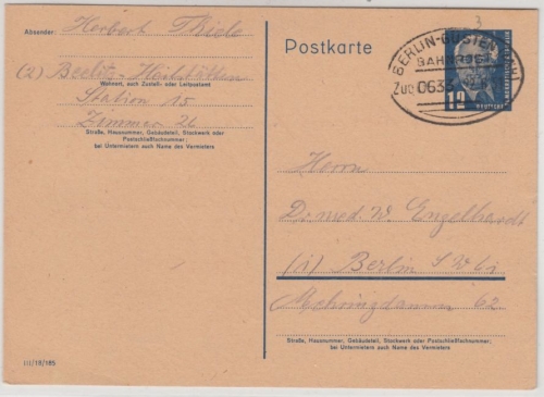 DDR - Berlin-Güsten (Anh.) Bahnpost Zug 633, GA-karte v. Beelitz - Berlin 1951