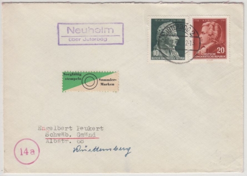 DDR - Neuheim ü. Jütergog, Landpost-Ra2 a. Brief n. Schwäb. Gmünd 1956