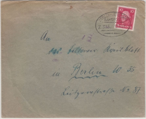 DR - Zossen-Jüterbog Bahnpost Z.323, Brief v. Rehagen - Berlin 1927