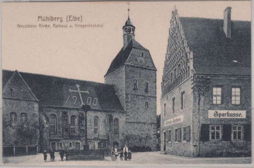 Brandenburg - Mühlberg (Elbe), Kirche, Rathaus, Sparkasse, sw-AK ca. 1910