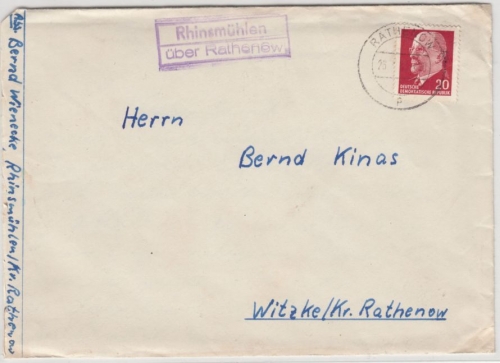 DDR - Rhinsmühlen ü. Rathenow, Landpost-Ra2 a. Brief n. Witzke 1963