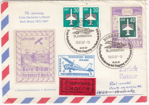 DDR - Borkheide 1987, Schmuckkuvert/Lupo-Eilbrief Sonderflug Borkheide - Brück