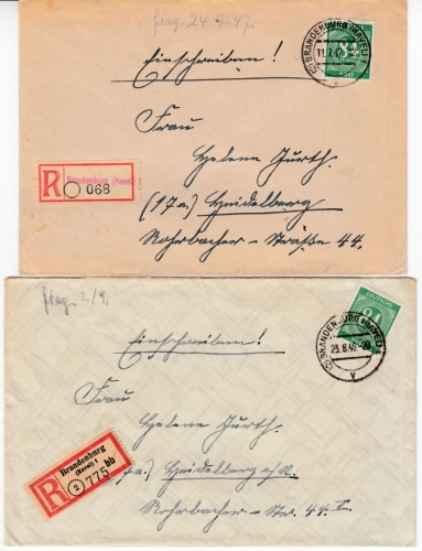 All.Bes./Kontrollrat - Brandenburg/Havel, 2 versch. R-Zettel/2 R-Briefe 1946/47