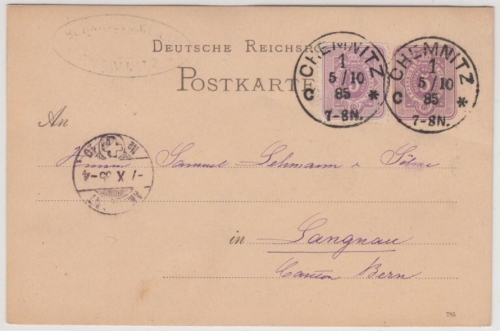 DR - Chemnitz 1885, Klaucke-Stpl. a. GA-Karte+Zusatz i.d. SCHWEIZ (Langnau)