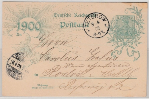 DR - 5 Pfg. Jahrhundert GA-Karte, K1 Teterow 8.4.08 (extr. Spätverwendung !!) n.