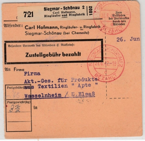 DR - Siegmar-Schönau 2 Bezahlt, 1942, Paketkarte/Selbstbucher n. Wasselnheim