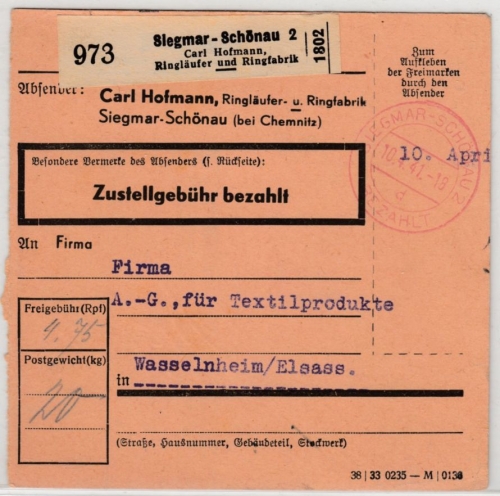 DR - Siegmar-Schönau 2 Bezahlt, 1941, Paketkarte/Selbstbucher n. Wasselnheim