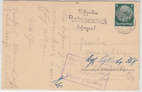 DR - Chemnitz 1934, "Ohne nähere Bezeichnung...", Retour-Ra4 a. Karte v. Leipzig