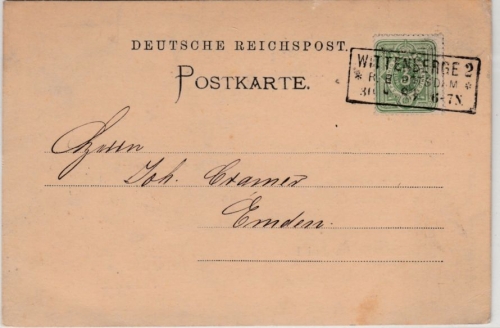 DR - Wittenberge 2, 1883, Ra3 a. Drucksachenkarte ("Thierfett") n. Emden