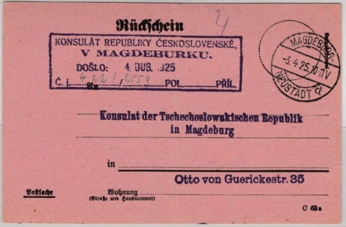 DR - Magdeburg Neustadt 1925, Rückschein i. Ort gelaufen (tschech. Konsulat)