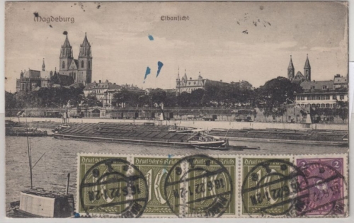 DR-Infla - 2 M. Posthorn u.a., Karte n. USA, Magdeburg - Cleveland 1922