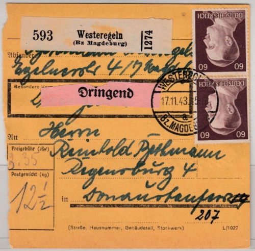 DR - 5x60 Pfg. AH u.a., Dringend-Paketkarte Westeregeln - Regensburg 1943