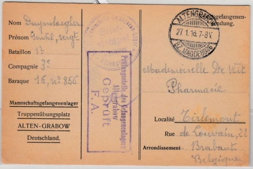 DR - Altengrabow 1916, Kriegsgefangenenkarte n. BELGIEN, Lagerzensur