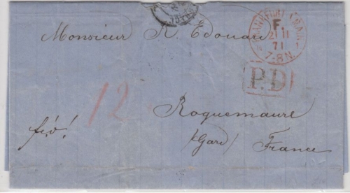NDP - Frankfurt a.M. 1871, Franco-Stpl. a. Brief n. FRANKREICH, mit Inhalt