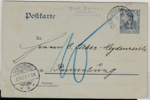 DR - 2 Pfg. Germania, GA-Karte/Nachporto Gera-Untermhaus - Ronneburg 1903