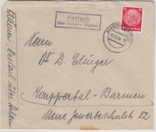 DR - Haslach ü. Achern, Landpost-Ra2 a. Brief n. Wuppertal 1934, ohne Inhalt