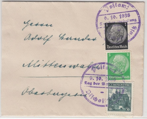 Sudetenland - Bischofteinitz 9.10.38 Befreiungsstempel a. Brief/Nachporto n.