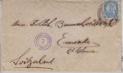 Indien - Zensurbrief n. Emenda/SCHWEIZ, Zensur Bombay 1917