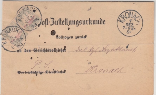 Bayern - 10 Pfg. Porto (Paar), Zustellurkunde Kronach 1893