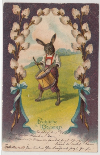 Ostern - "Fröhliche Ostern", farb. Prägekarte (trommelnder Hase), gelaufen 1905