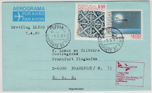 Portugal - 14 E. GA-Aerogramm + Zusatz, Lupo-Brief/LH-1st-Flight Oporto 1981 n.