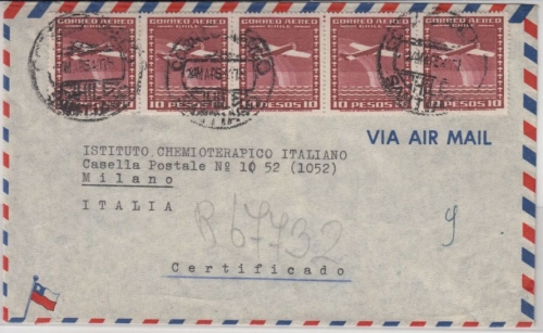 Chile - 5x10 P. Flupo-Ausg., Luftpost-Einschreibebrief n. ITALIEN, Santiago 1954