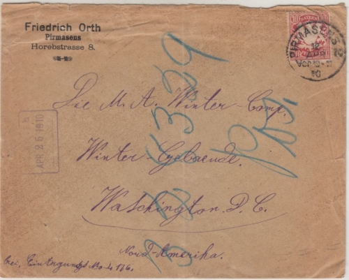 Bayern - 10 Pfg. Wappen, Brief n. USA/SONDERTARIF, Pirmasens - Washington 1910