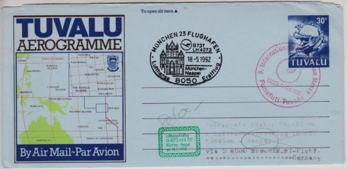 Tuvalu - 30 C. GA-Aerogramme, SST Funafuti/Essen, Zuleitung 1st-Flight 1992